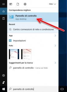 Pannello di controllo cortana