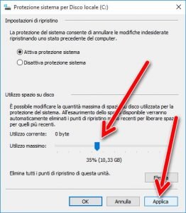 Applica protezione sistema windows 10