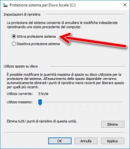 Attiva protezione sistema windows 10