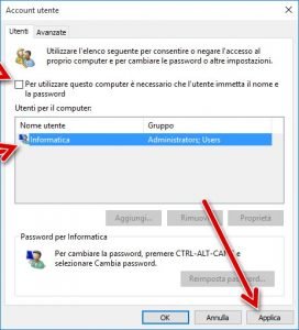 Disattivare password accesso Windows 10