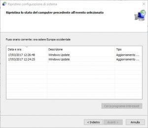 Ripristino configurazione di sistema windows 10