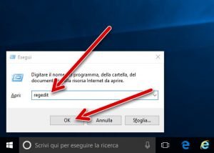 esegui regedit
