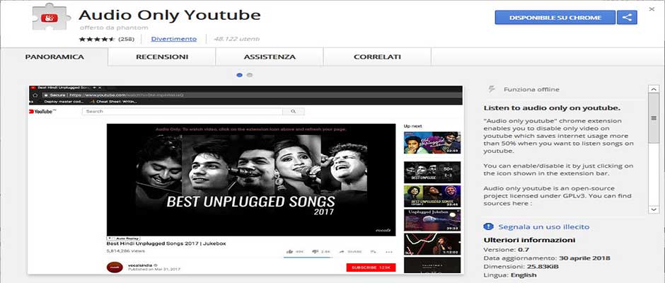 Riprodurre solo audio dai contenuti di YouTube