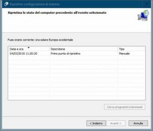 Creare un punto di ripristino in Windows 10