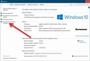 Impostazioni di sistema avanzate Windows 10