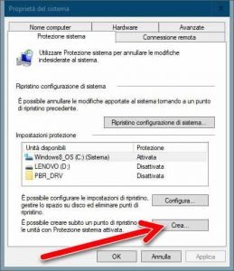Creare un punto di ripristino in Windows 10