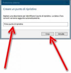 Creare un punto di ripristino in Windows 10