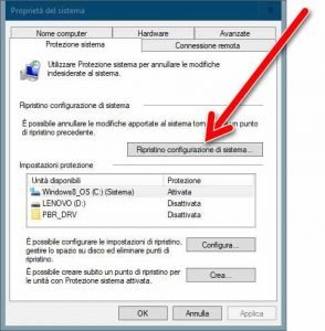 Creare un punto di ripristino in Windows 10