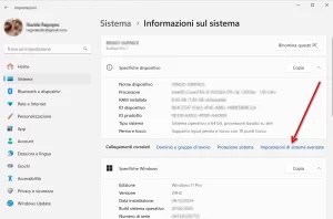 Immagine che illustra come aprire le Impostazioni di sistema avanzate di windows
