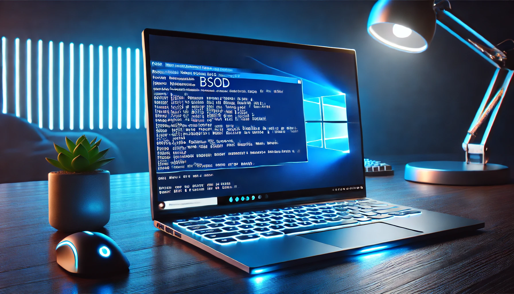 Laptop con schermata Blue Screen of Death (BSOD) di Windows su una scrivania con tastiera, mouse e luci LED