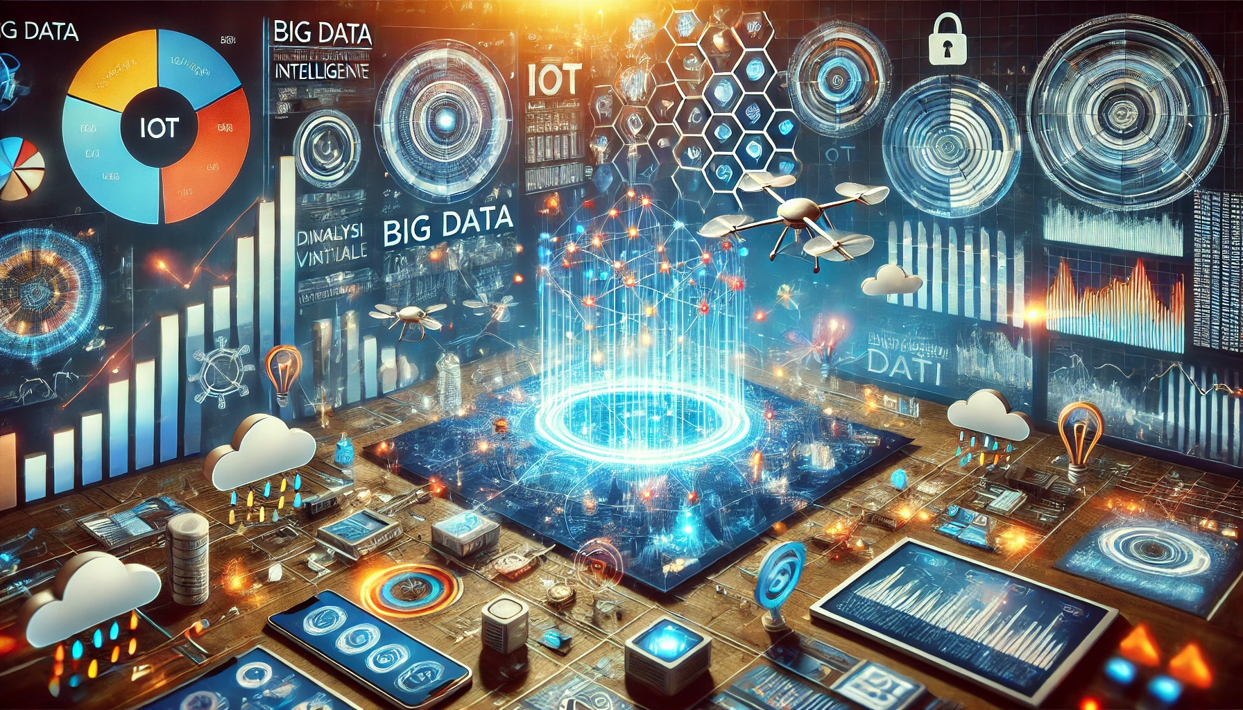 Illustrazione dell’interconnessione tra Big Data e IoT, con sensori smart, flussi di dati digitali e dashboard di analisi predittiva